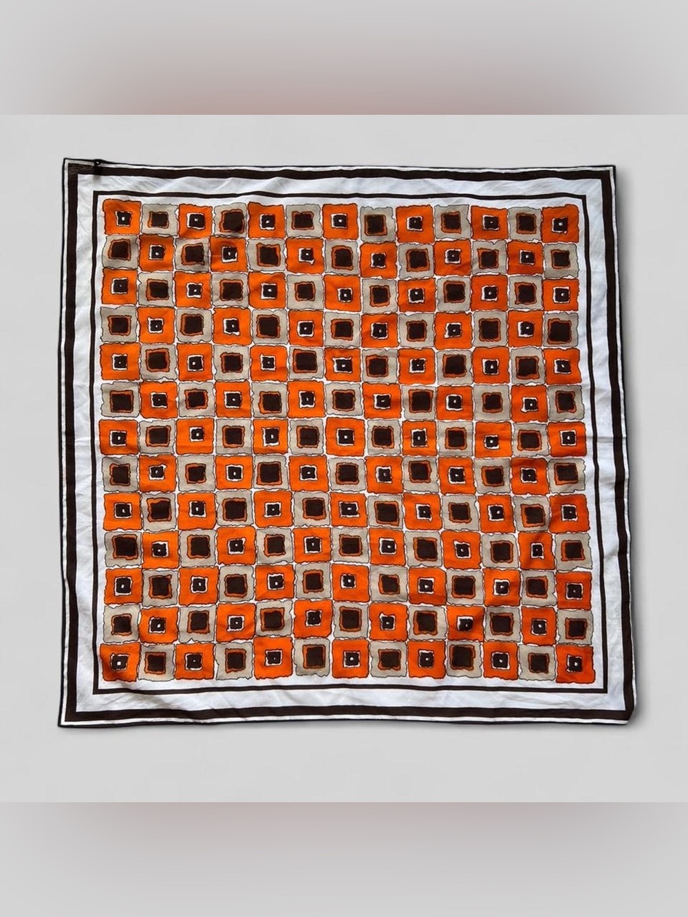 Vintage 70s Mod Geometric Orange & Brown Square Scarf semi sheer 29"